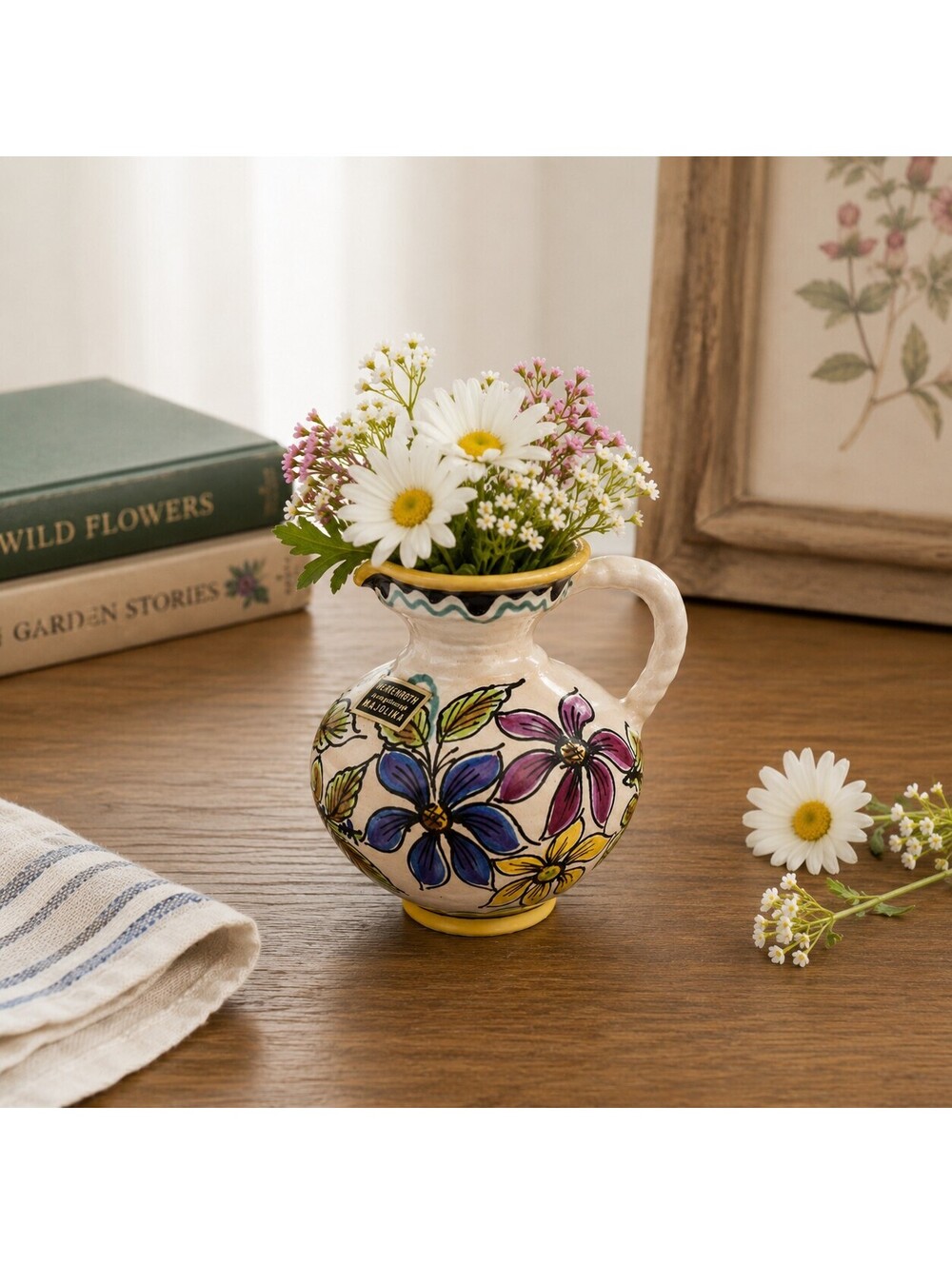 Vintage Signed Herkenroth Floral Majolika Vase/Pitcher Germany Original Sticker